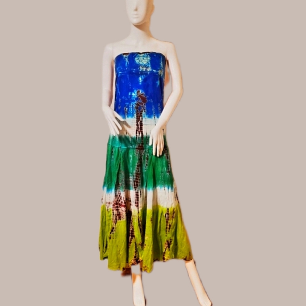 SOLATAIRE Teal Blue Brn Wht Tie Dye Dress- Vintage-NWT-L